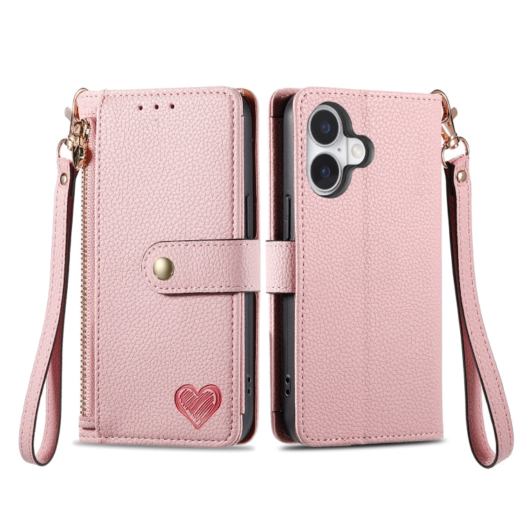 For iPhone 16 Plus Love Zipper Lanyard Leather Phone Case(Pink) - iPhone 16 Plus Cases by buy2fix | Online Shopping UK | buy2fix