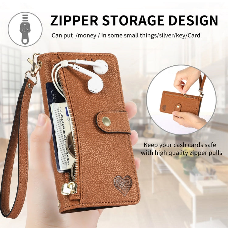 For iPhone 16 Plus Love Zipper Lanyard Leather Phone Case(Brown) - iPhone 16 Plus Cases by buy2fix | Online Shopping UK | buy2fix