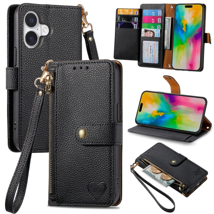 For iPhone 16 Plus Love Zipper Lanyard Leather Phone Case(Black) - iPhone 16 Plus Cases by buy2fix | Online Shopping UK | buy2fix