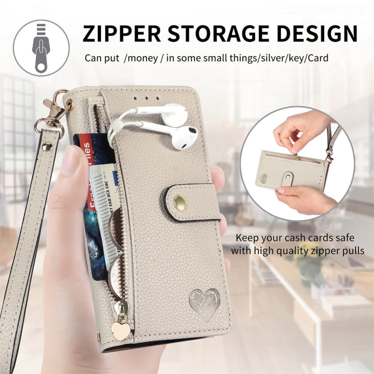 For iPhone 16 Plus Love Zipper Lanyard Leather Phone Case(Gray) - iPhone 16 Plus Cases by buy2fix | Online Shopping UK | buy2fix