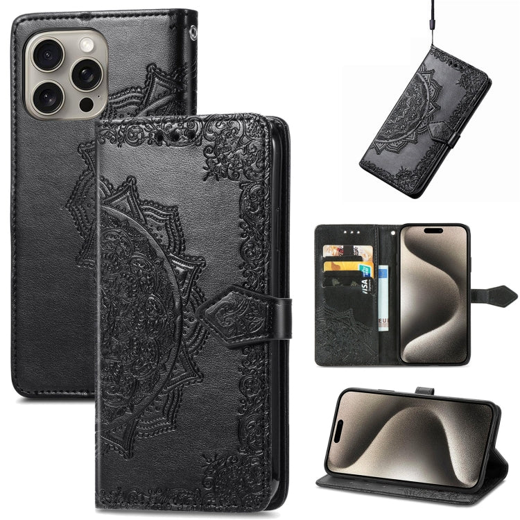 For iPhone 16 Plus Mandala Flower Embossed Leather Phone Case(Black) - iPhone 16 Plus Cases by buy2fix | Online Shopping UK | buy2fix