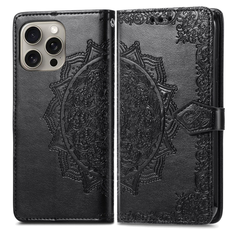 For iPhone 16 Plus Mandala Flower Embossed Leather Phone Case(Black) - iPhone 16 Plus Cases by buy2fix | Online Shopping UK | buy2fix