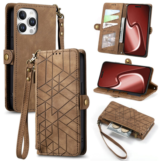 For iPhone 16 Pro Max Geometric Zipper Wallet Side Buckle Leather Phone Case(Brown) - iPhone 16 Pro Max Cases by buy2fix | Online Shopping UK | buy2fix