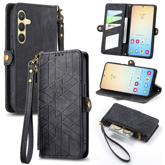 For Samsung Galaxy S25 5G Geometric Zipper Wallet Side Buckle Leather Phone Case(Black) - Galaxy S25 5G Cases by buy2fix | Online Shopping UK | buy2fix