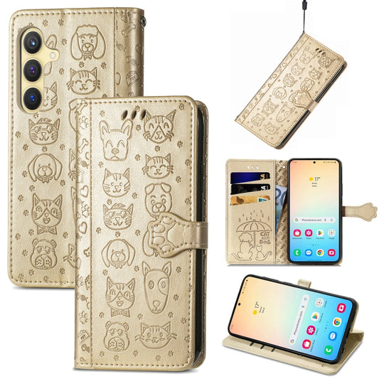 For Samsung Galaxy S24 5G Cat and Dog Embossed Leather Phone Case(Gold) - Galaxy S24 5G Cases by buy2fix | Online Shopping UK | buy2fix