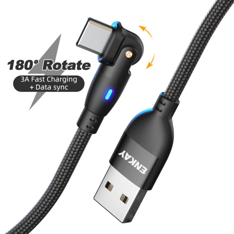 ENKAY 180 Degrees Rotating USB to Type-C 3A Fast Charging Data Cable with LED Light, Length:2m(Black) - USB-C & Type-C Cable by ENKAY | Online Shopping UK | buy2fix