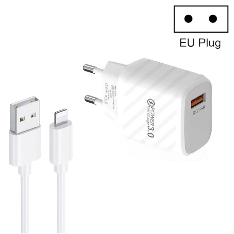 TE-005 QC3.0 18W USB Fast Charger with 1m 3A USB to 8 Pin Cable, EU Plug(White) - USB Charger by buy2fix | Online Shopping UK | buy2fix