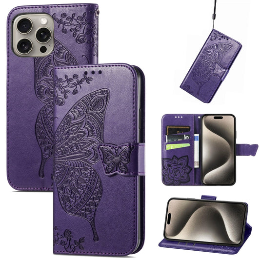 For iPhone 16 Pro Butterfly Love Flower Embossed Leather Phone Case(Purple) - iPhone 16 Pro Cases by buy2fix | Online Shopping UK | buy2fix