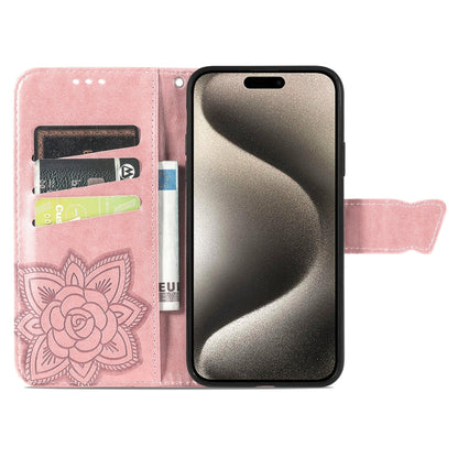 For iPhone 16 Plus Butterfly Love Flower Embossed Leather Phone Case(Rose Gold) - iPhone 16 Plus Cases by buy2fix | Online Shopping UK | buy2fix