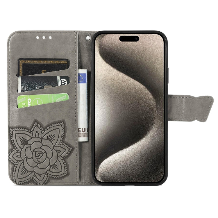 For iPhone 16 Plus Butterfly Love Flower Embossed Leather Phone Case(Gray) - iPhone 16 Plus Cases by buy2fix | Online Shopping UK | buy2fix