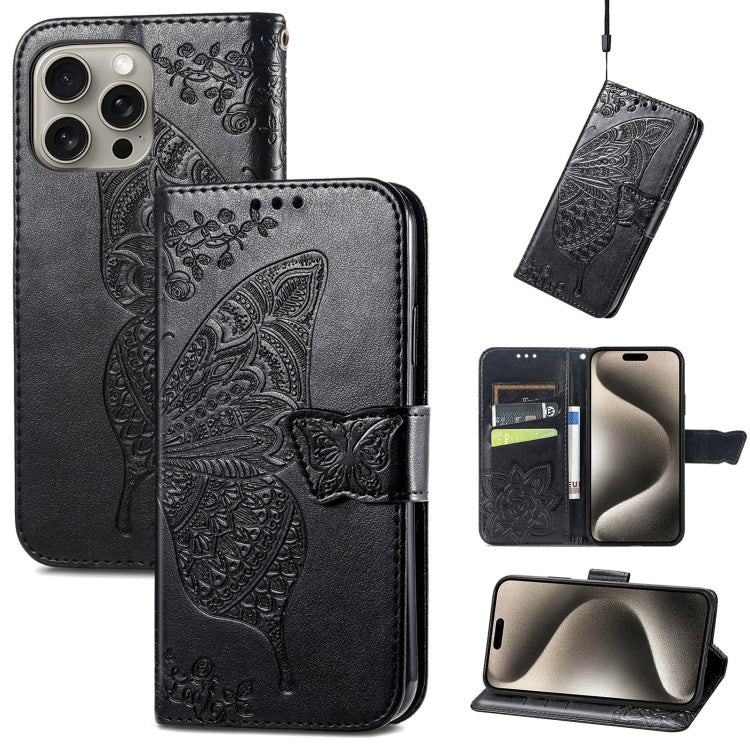 For iPhone 16 Pro Max Butterfly Love Flower Embossed Leather Phone Case(Black) - iPhone 16 Pro Max Cases by buy2fix | Online Shopping UK | buy2fix