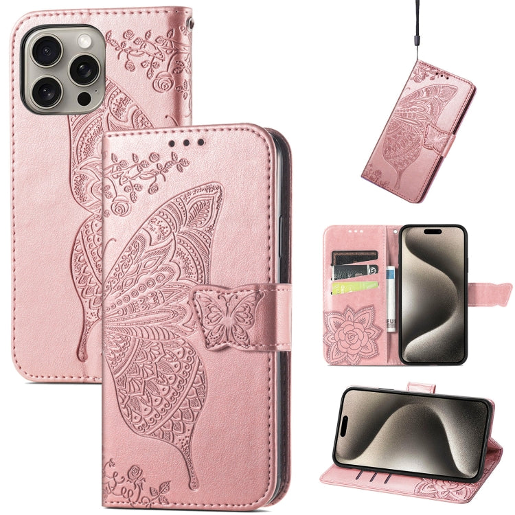 For iPhone 16 Pro Max Butterfly Love Flower Embossed Leather Phone Case(Rose Gold) - iPhone 16 Pro Max Cases by buy2fix | Online Shopping UK | buy2fix