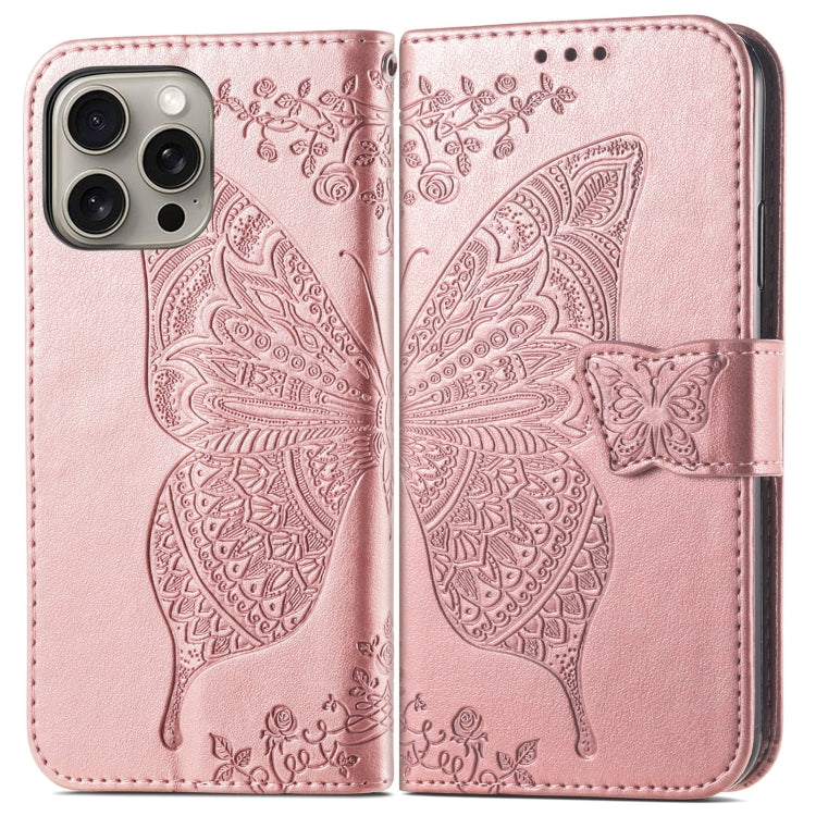 For iPhone 16 Pro Max Butterfly Love Flower Embossed Leather Phone Case(Rose Gold) - iPhone 16 Pro Max Cases by buy2fix | Online Shopping UK | buy2fix