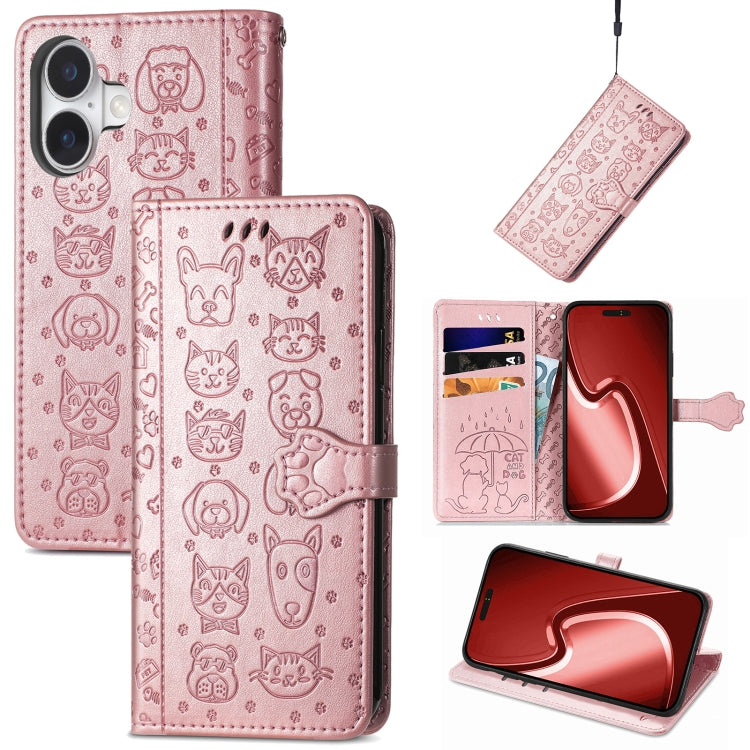 For iPhone 16 Cat and Dog Embossed Leather Phone Case(Rose Gold) - iPhone 16 Cases by buy2fix | Online Shopping UK | buy2fix