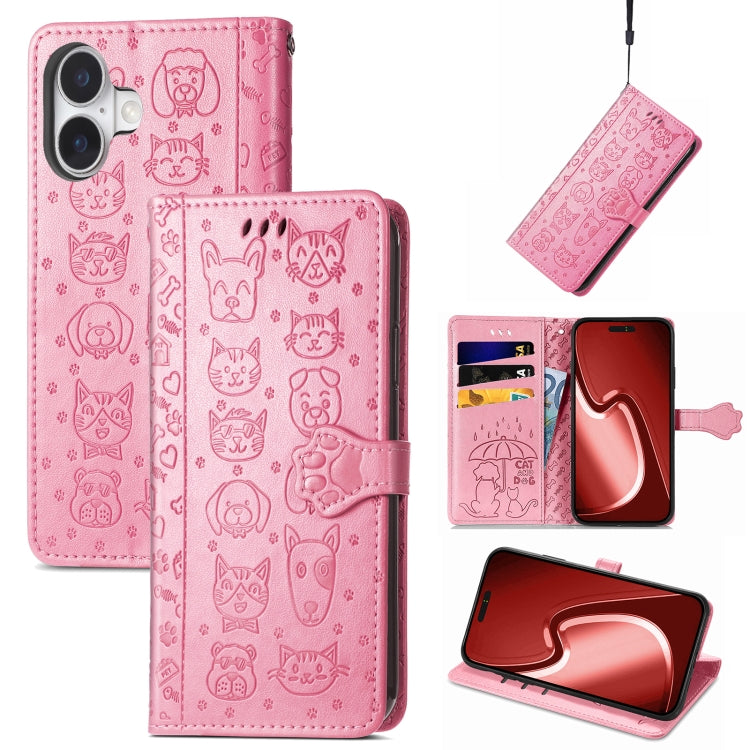 For iPhone 16 Plus Cat and Dog Embossed Leather Phone Case(Pink) - iPhone 16 Plus Cases by buy2fix | Online Shopping UK | buy2fix