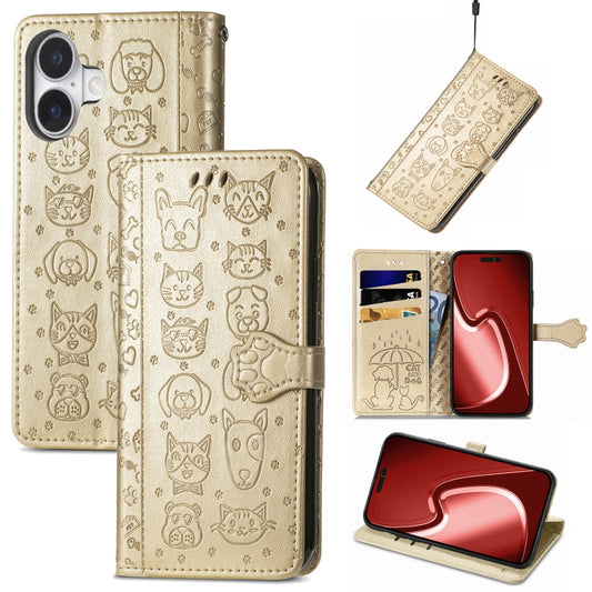 For iPhone 16 Plus Cat and Dog Embossed Leather Phone Case(Gold) - iPhone 16 Plus Cases by buy2fix | Online Shopping UK | buy2fix