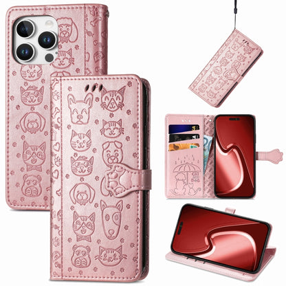 For iPhone 16 Pro Cat and Dog Embossed Leather Phone Case(Rose Gold) - iPhone 16 Pro Cases by buy2fix | Online Shopping UK | buy2fix