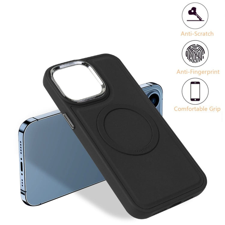 For iPhone 15 Plus Imitation Liquid Skin Feel Plating Magsafe Card Bag Phone Case(Black) - iPhone 15 Plus Cases by buy2fix | Online Shopping UK | buy2fix