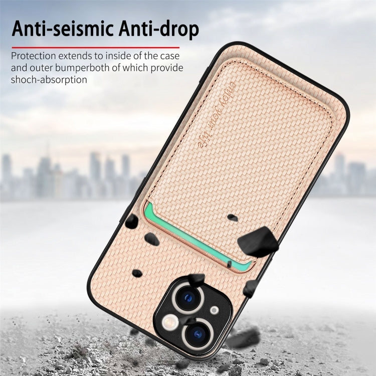 For iPhone 15 Plus Carbon Fiber Leather Card Magsafe Phone Case(Khaki) - iPhone 15 Plus Cases by buy2fix | Online Shopping UK | buy2fix