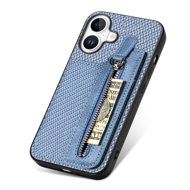 For iPhone 16 Plus Carbon Fiber Horizontal Flip Zipper Wallet Phone Case(Blue) - iPhone 16 Plus Cases by buy2fix | Online Shopping UK | buy2fix