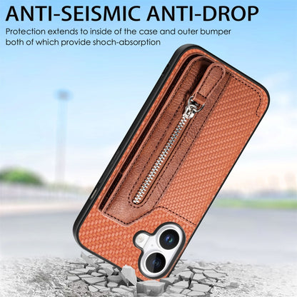 For iPhone 16 Plus Carbon Fiber Horizontal Flip Zipper Wallet Phone Case(Brown) - iPhone 16 Plus Cases by buy2fix | Online Shopping UK | buy2fix