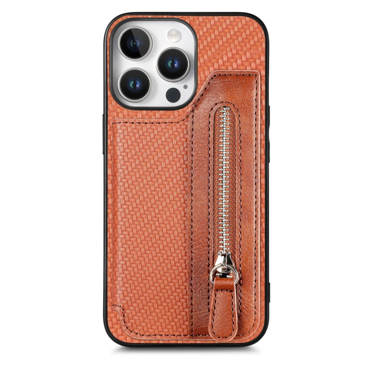 For iPhone 16 Pro Carbon Fiber Horizontal Flip Zipper Wallet Phone Case(Brown) - iPhone 16 Pro Cases by buy2fix | Online Shopping UK | buy2fix