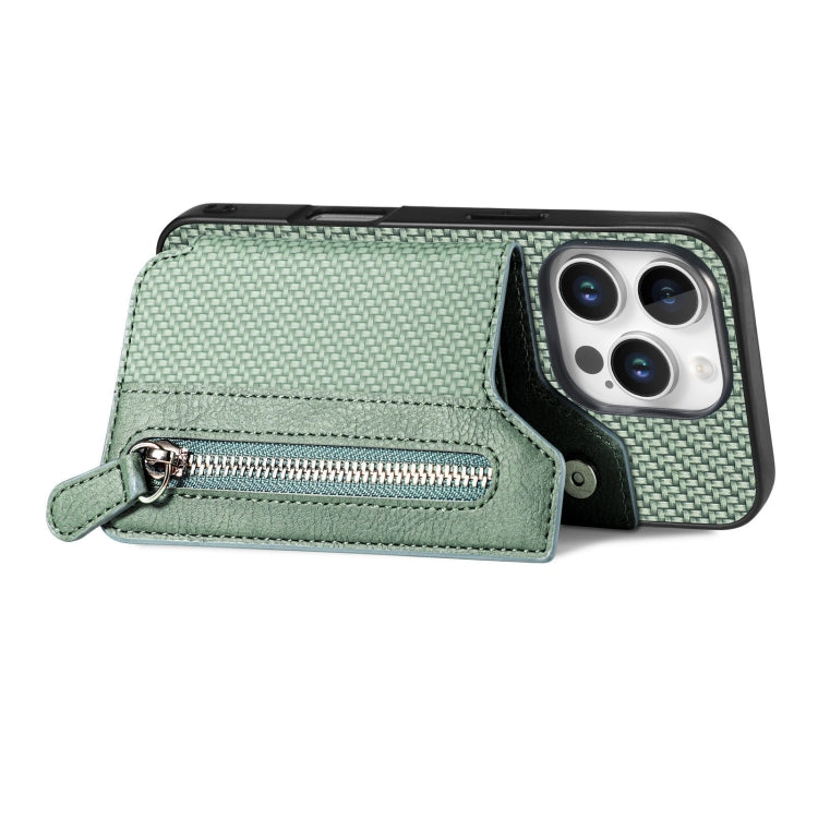 For iPhone 16 Pro Max Carbon Fiber Horizontal Flip Zipper Wallet Phone Case(Green) - iPhone 16 Pro Max Cases by buy2fix | Online Shopping UK | buy2fix