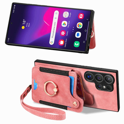 For Samsung Galaxy S25 Ultra 5G Retro Skin-feel Ring Multi-card Wallet Phone Case(Pink) - Galaxy S25 Ultra 5G Cases by buy2fix | Online Shopping UK | buy2fix