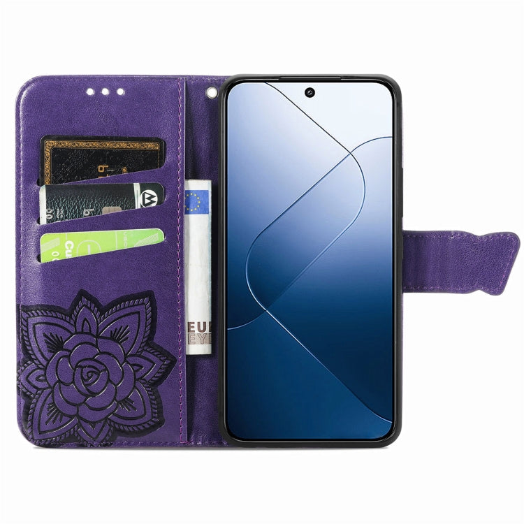 For Xiaomi 14 Pro Butterfly Love Flower Embossed Leather Phone Case(Dark Purple) - 14 Pro Cases by buy2fix | Online Shopping UK | buy2fix