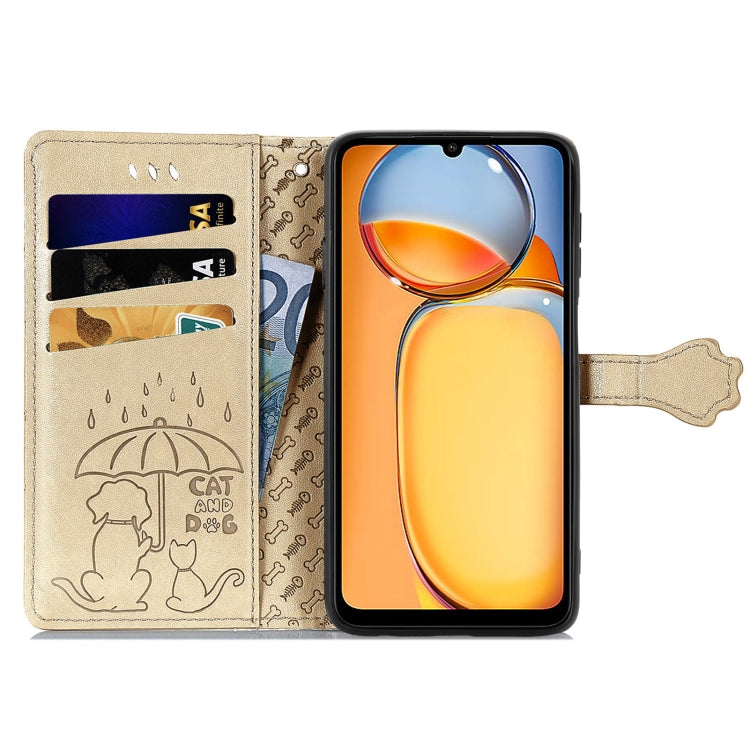 For Xiaomi Redmi 13C Cat and Dog Embossed Leather Phone Case(Gold) - 13C Cases by buy2fix | Online Shopping UK | buy2fix