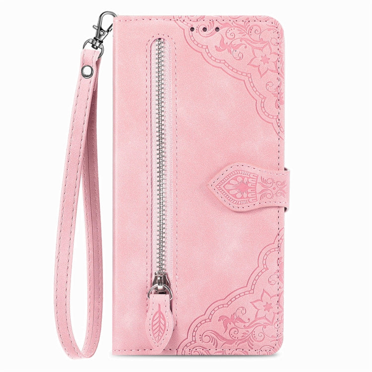 For Motorola Edge 2024 Embossed Flower Zipper Leather Phone Case(Pink) - Motorola Cases by buy2fix | Online Shopping UK | buy2fix