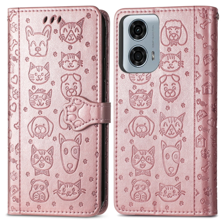 For Motorola MOTO G24 Power Cat and Dog Embossed Leather Phone Case(Rose Gold) - Motorola Cases by buy2fix | Online Shopping UK | buy2fix