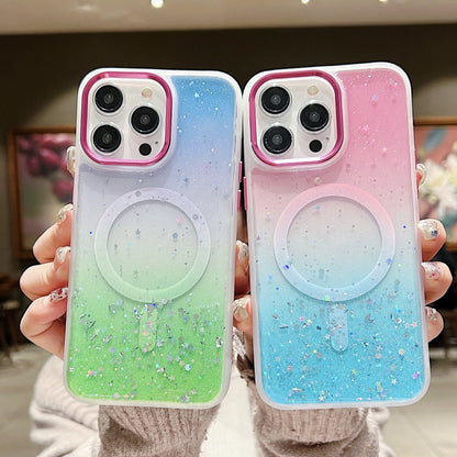 For iPhone 15 Plus Multicolor Gradient Glitter Sequin MagSafe TPU Phone Case(Purple+Green) - iPhone 15 Plus Cases by buy2fix | Online Shopping UK | buy2fix