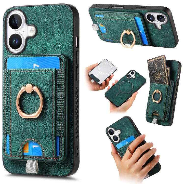 For iPhone 16 Plus Retro Splitable Magnetic Card Bag Leather Phone Case(Green) - iPhone 16 Plus Cases by buy2fix | Online Shopping UK | buy2fix