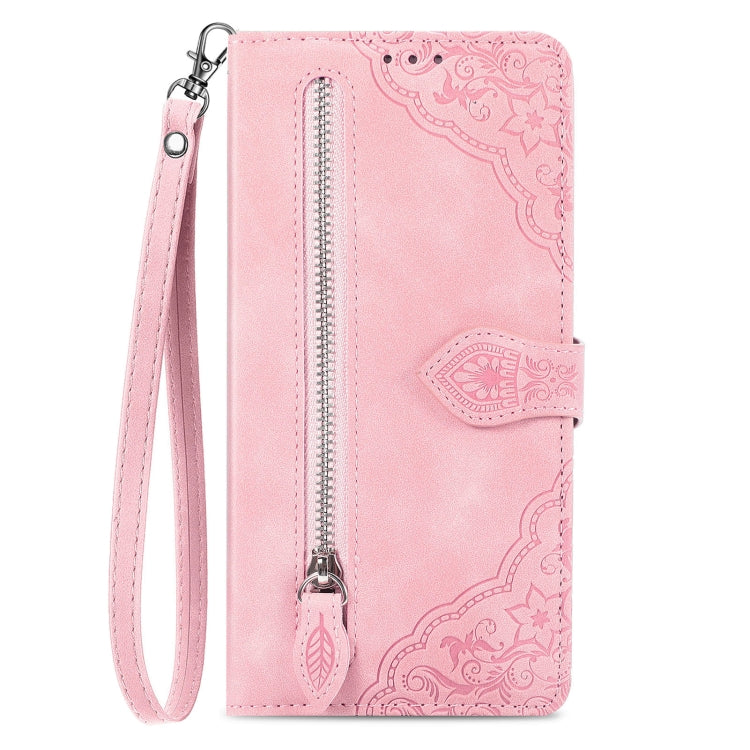 For Xiaomi 14 Pro Embossed Flower Zipper Leather Phone Case(Pink) - 14 Pro Cases by buy2fix | Online Shopping UK | buy2fix
