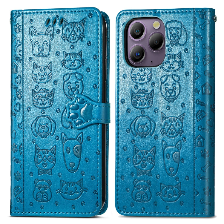 For Blackview A96 Cat and Dog Embossed Leather Phone Case(Blue) - More Brand by buy2fix | Online Shopping UK | buy2fix