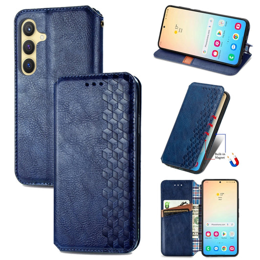 For Samsung Galaxy S25 5G Cubic Grid Pressed Magnetic Leather Phone Case(Blue) - Galaxy S25 5G Cases by buy2fix | Online Shopping UK | buy2fix