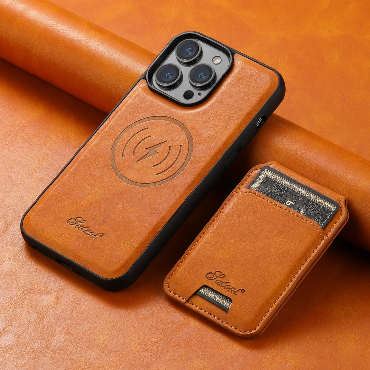 For iPhone 14 Plus Suteni H15 MagSafe Oil Eax Leather Detachable Wallet Back Phone Case(Khaki) - iPhone 14 Plus Cases by Suteni | Online Shopping UK | buy2fix