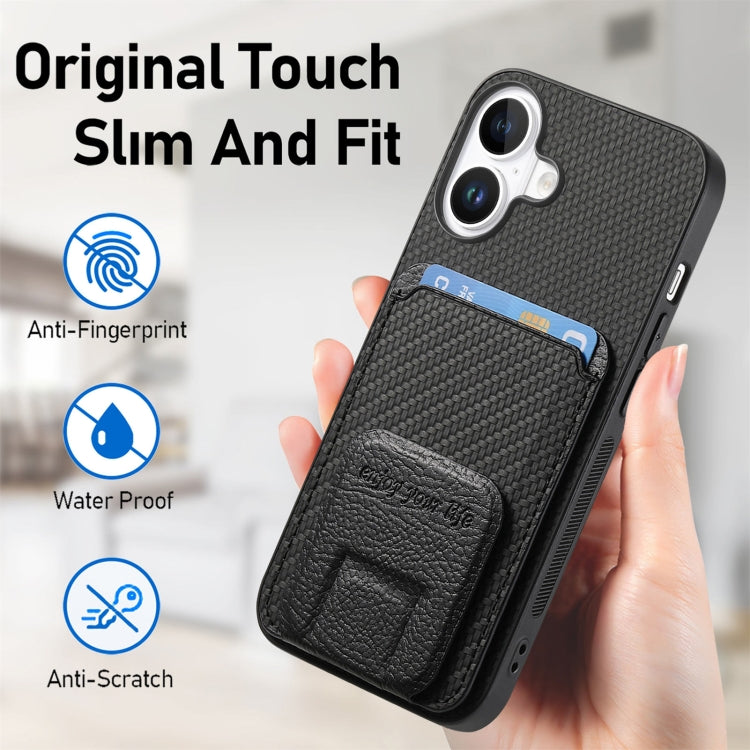 For iPhone 16 Plus Carbon Fiber Card Bag Fold Stand Phone Case(Black) - iPhone 16 Plus Cases by buy2fix | Online Shopping UK | buy2fix