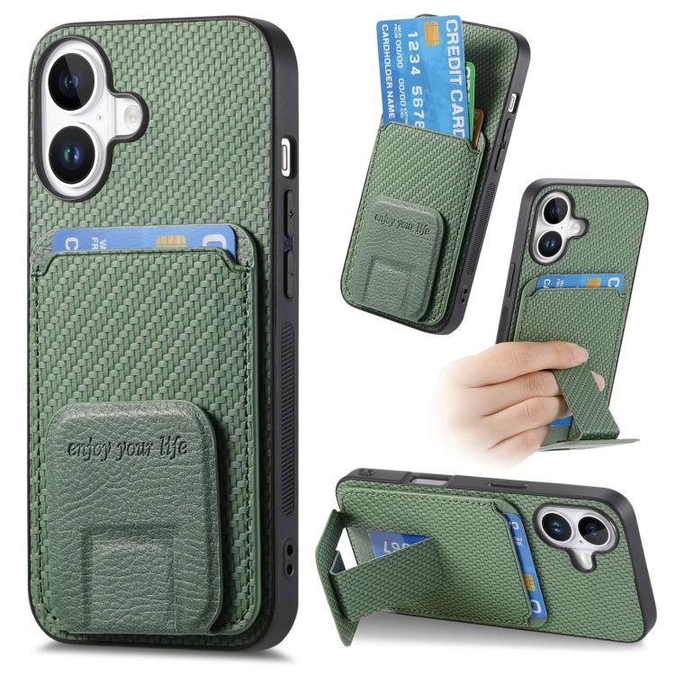 For iPhone 16 Plus Carbon Fiber Card Bag Fold Stand Phone Case(Green) - iPhone 16 Plus Cases by buy2fix | Online Shopping UK | buy2fix