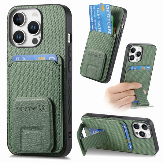 For iPhone 16 Pro Carbon Fiber Card Bag Fold Stand Phone Case(Green) - iPhone 16 Pro Cases by buy2fix | Online Shopping UK | buy2fix