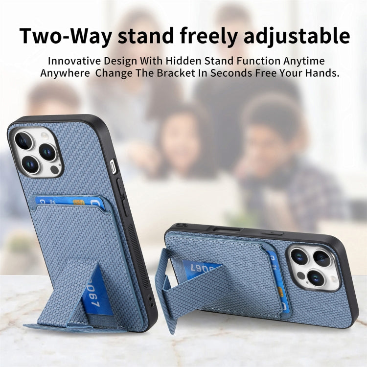 For iPhone 16 Pro Max Carbon Fiber Card Bag Fold Stand Phone Case(Blue) - iPhone 16 Pro Max Cases by buy2fix | Online Shopping UK | buy2fix