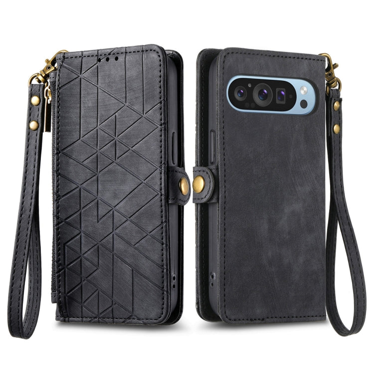 For Google Pixel 9 Geometric Zipper Wallet Side Buckle Leather Phone Case(Black) - Google Cases by buy2fix | Online Shopping UK | buy2fix