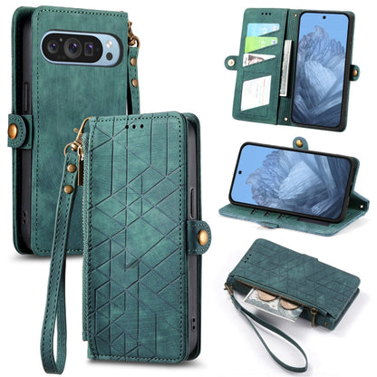 For Google Pixel 9 Geometric Zipper Wallet Side Buckle Leather Phone Case(Green) - Google Cases by buy2fix | Online Shopping UK | buy2fix