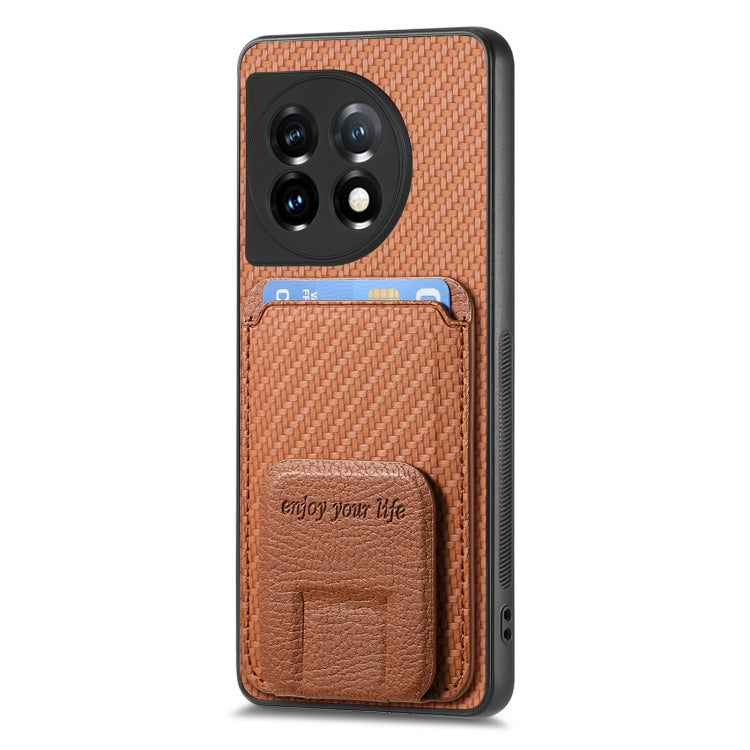 For OnePlus 12 5G Carbon Fiber Card Bag Fold Stand Phone Case(Brown) - OnePlus Cases by buy2fix | Online Shopping UK | buy2fix