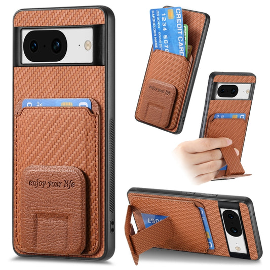 For Google Pixel 8 Pro Carbon Fiber Card Bag Fold Stand Phone Case(Brown) - Google Cases by buy2fix | Online Shopping UK | buy2fix