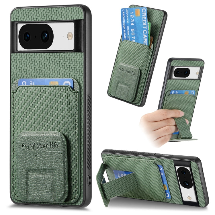 For Google Pixel 8 Pro Carbon Fiber Card Bag Fold Stand Phone Case(Green) - Google Cases by buy2fix | Online Shopping UK | buy2fix