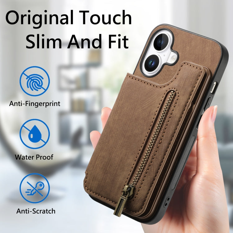 For iPhone 16 Retro Leather Zipper Wallet Back Phone Case(Brown) - More iPhone Cases by buy2fix | Online Shopping UK | buy2fix