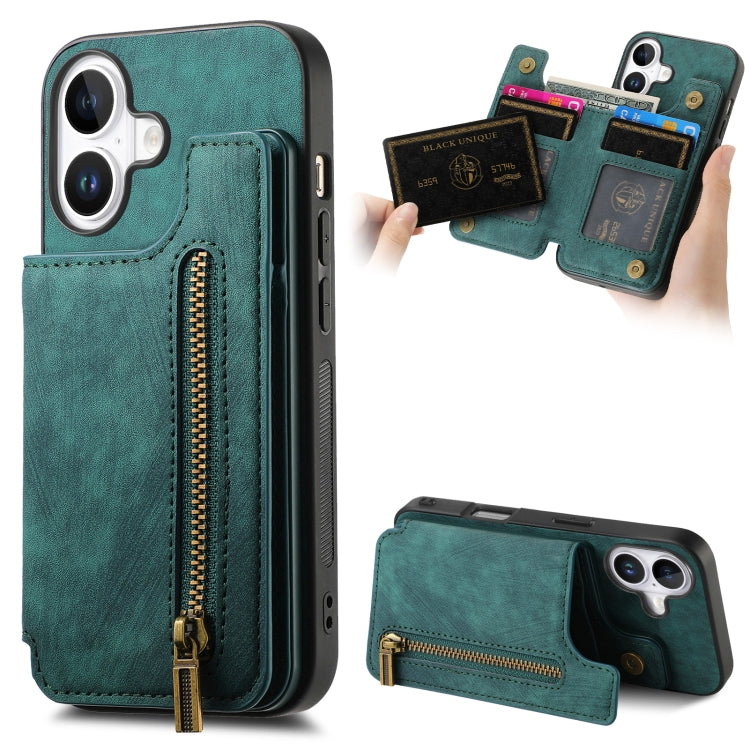 For iPhone 16 Retro Leather Zipper Wallet Back Phone Case(Green) - More iPhone Cases by buy2fix | Online Shopping UK | buy2fix