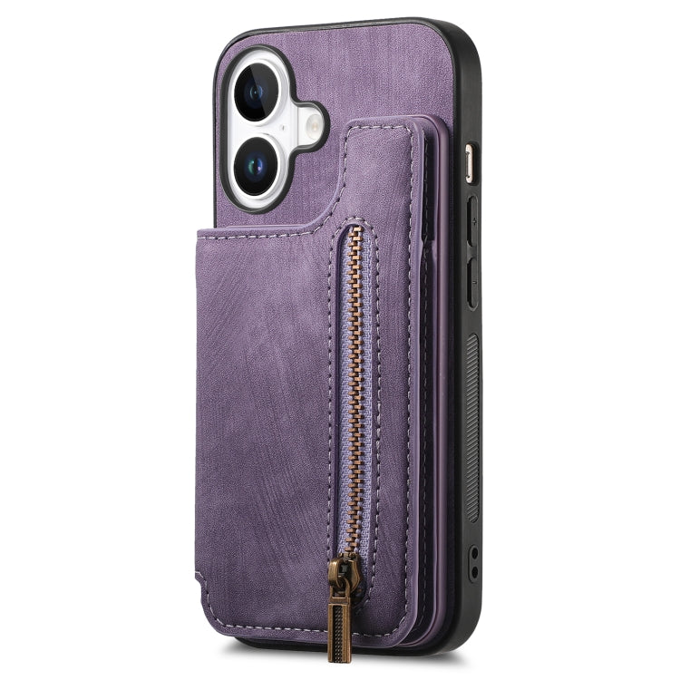 For iPhone 16 Plus Retro Leather Zipper Wallet Back Phone Case(Purple) - More iPhone Cases by buy2fix | Online Shopping UK | buy2fix